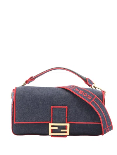 Pre-owned Fendi 2010-2026 Large Denim Baguette Satchel In Blue