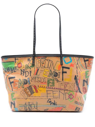Pre-owned Fendi 2010-2026 Medium Multicolore Coated Canvas Graffiti Roll Tote Bag In Brown