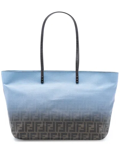 Pre-owned Fendi 2010-2026 Medium Ombre Zucca Spalmati Roll Tote Bag In Blue