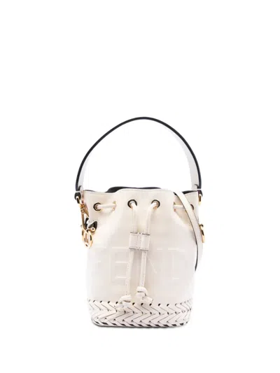 Pre-owned Fendi 2010-2026 Mini Embossed Leather Whipstitch Mon Tresor Bucket Bag Satchel In White