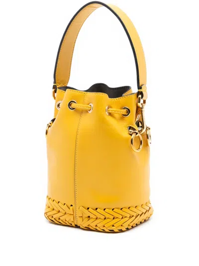 Pre-owned Fendi 2010-2026 Mini Embossed Leather Whipstitch Mon Tresor Bucket Bag Satchel In Yellow