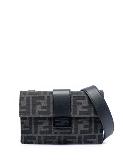Pre-owned Fendi 2010-2026 Zucca Canvas Convertible Baguette Pouch Crossbody Bag In Gray