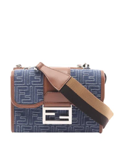 Pre-owned Fendi 2010-2026 Zucca Denim Double Baguette Crossbody Bag In Blue