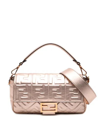 Pre-owned Fendi 2010-2026 Zucca Embossed Leather Baguette Satchel In Gold