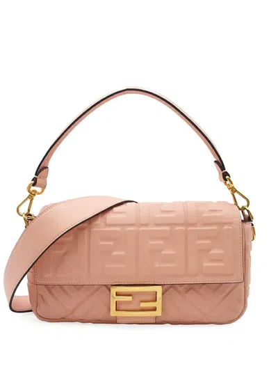 Pre-owned Fendi 2010-2026 Zucca Embossed Leather Baguette Satchel In Pink
