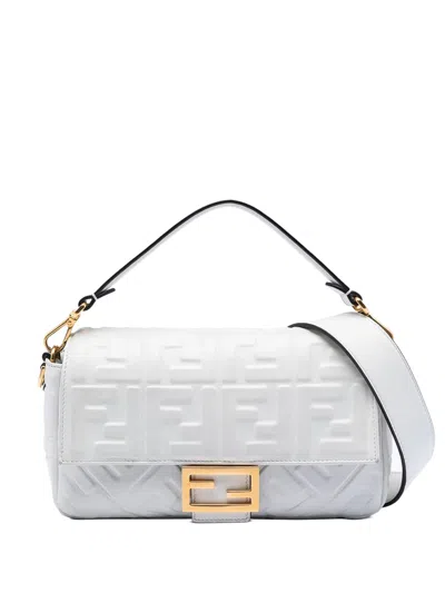 Pre-owned Fendi 2010-2026 Zucca Embossed Leather Baguette Satchel In White
