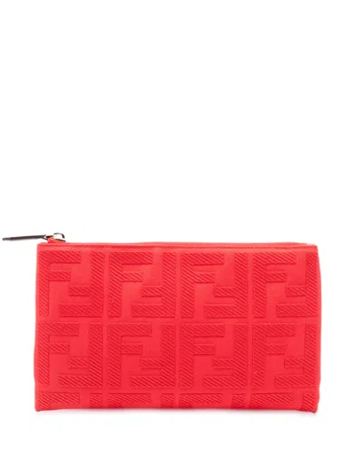 Pre-owned Fendi 2010-2026 Zucca Embroidered Canvas Zip Pouch Clutch Bag In Red