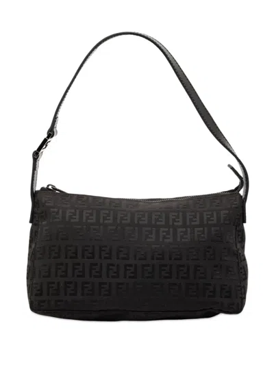 Pre-owned Fendi 2010-2026 Zucchino Canvas Pochette Shoulder Bag In Black