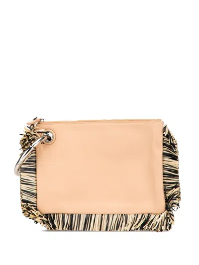 Pre-owned Fendi 2010-present Zucca Leather And Raffia Triplette Clutch Bag In Brown