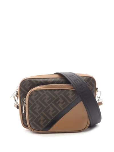 Pre-owned Fendi 2010-2020 Shiny Glazed Fabric Ff 1974 Diagonal Duo Camera Bag Crossbody Bag In Brown