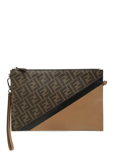 Pre-owned Fendi 2010-2025 Ff 1974 Coated Canvas And Leather Diagonal Clutch Bag In Brown