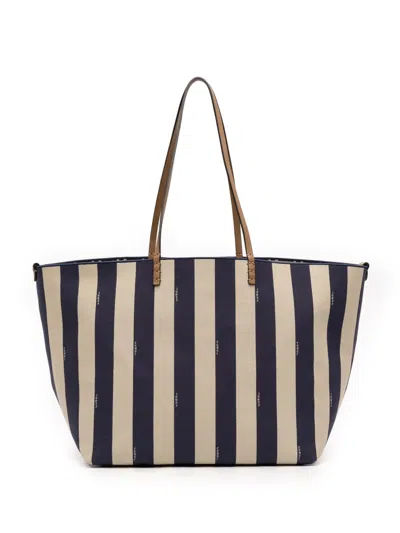 Pre-owned Fendi 2010-2025 Large Zucca Canvas Pequin Striped Reversible Roll Tote Bag In Blue