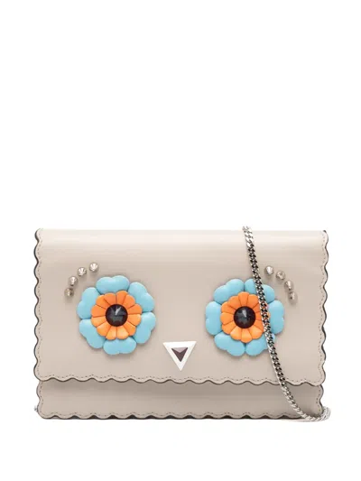 Pre-owned Fendi 2010-2025 Leather Studded Monster Eyes Wallet On Chain Crossbody Bag In Brown