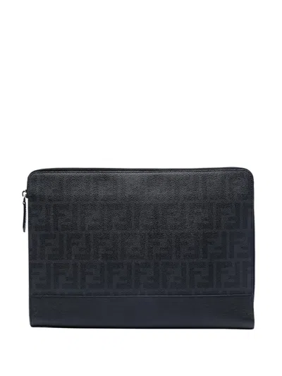 Pre-owned Fendi 2010-2025 Leather Trimmed Zucca Coated Canvas Clutch Bag In Black