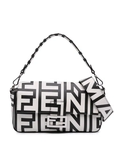Pre-owned Fendi 2010-2025 Marc Jacobs Nappa Vitello King Logo Print Baguette Satchel In White