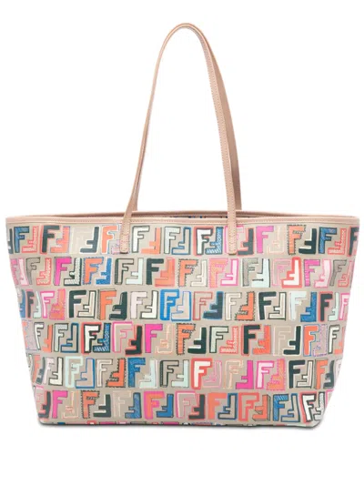 Pre-owned Fendi 2010-2025 Medium Multicolor Zucca Spalmati Roll Tote Bag In Neutral