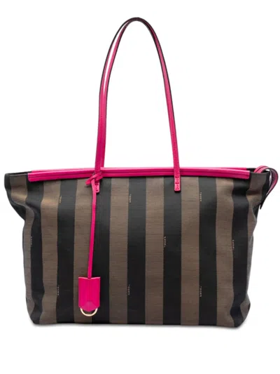 Pre-owned Fendi 2010-2025 Medium Pequin Canvas Roll Tote Bag In Brown