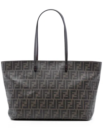 Pre-owned Fendi 2010-2025 Medium Zucca Coated Canvas Roll Tote Bag In Brown