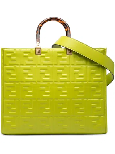 Pre-owned Fendi 2010-2025 Medium Zucca Embossed Leather Sunshine Shopper Tote Satchel In Green