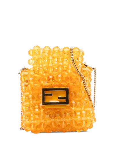 Pre-owned Fendi 2010-2025 Mini Glass Vitello King Beaded Pico Baguette Charm Crossbody Bag In Orange