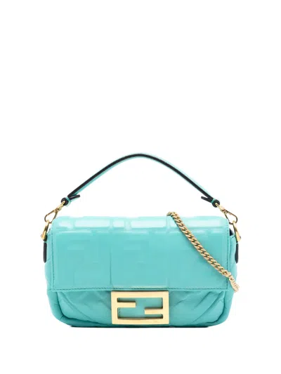 Pre-owned Fendi 2010-2025 Mini Zucca Embossed Leather Baguette Satchel In Blue