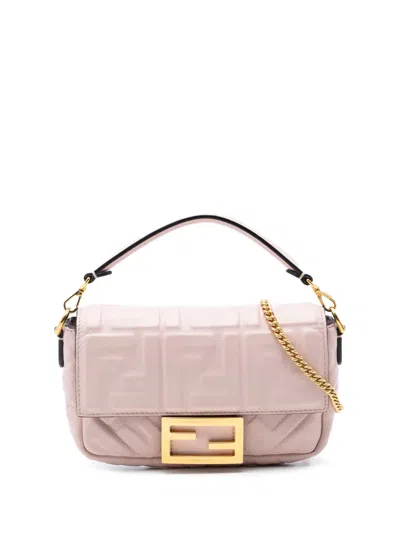 Pre-owned Fendi 2010-2025 Mini Zucca Embossed Leather Baguette Satchel In Pink