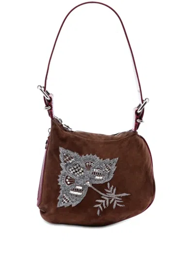 Pre-owned Fendi 2010-2025 Sequin And Crystal Embellished Suede Oyster Shoulder Bag In Brown