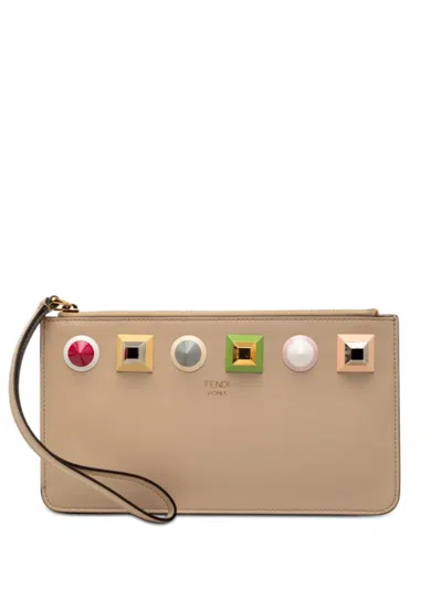 Pre-owned Fendi 2010-2025 Studded Leather Slim Wristlet Clutch Bag In Neutral