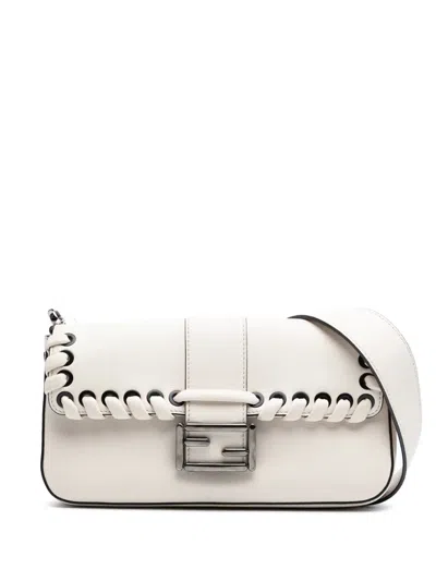 Pre-owned Fendi 2010-2025 Whipstitch Leather Baguette Crossbody Bag In White
