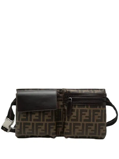 Pre-owned Fendi 2010-2025 Zucca Canvas Double Pocket Belt Bag In Brown