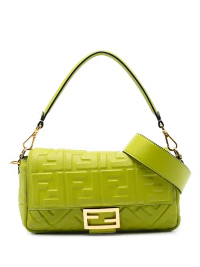 Pre-owned Fendi 2010-2025 Zucca Embossed Leather Baguette Satchel In Green