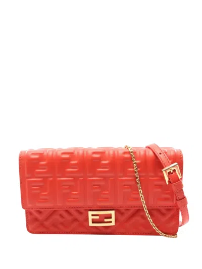 Pre-owned Fendi 2010-2025 Zucca Embossed Leather Baguette Wallet On Chain Crossbody Bag In Red