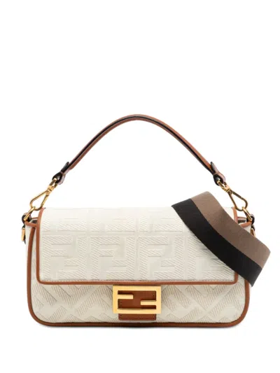 Pre-owned Fendi 2010-2025 Zucca Embroidered Canvas Baguette Satchel In Neutrals