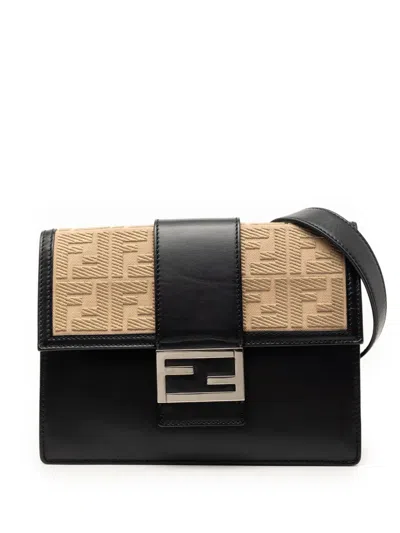 Pre-owned Fendi 2010-2026 Calfskin And Canvas Ff 1974 Flat Baguette Crossbody Bag In Black
