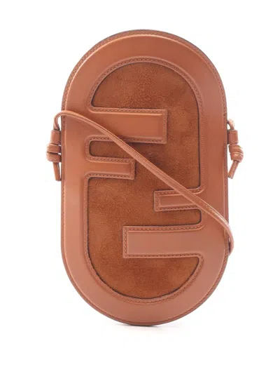 Pre-owned Fendi 2010-2026 Calfskin And Suede O Lock Phone Holder Crossbody Bag In Brown