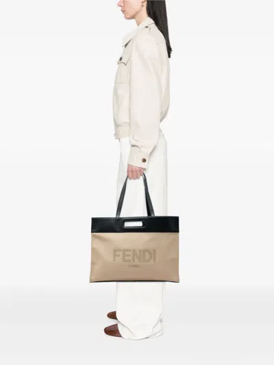 Pre-owned Fendi 2010-2026 Canvas Logo Cut Out Handle Shopper Tote Satchel In Neutrals