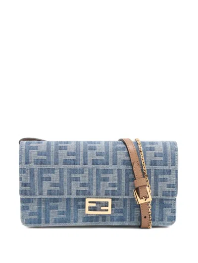 Pre-owned Fendi 2010-2026 Denim Effect Ff Jacquard Wallet On Chain Baguette Satchel In Blue