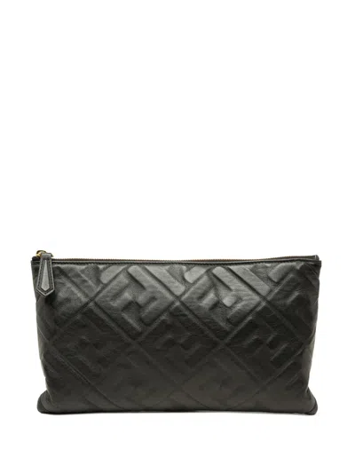 Pre-owned Fendi 2010-2026 Embossed Leather Ff 1974 Clutch Bag In Black