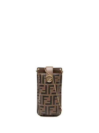 Pre-owned Fendi 2010-2026 Ff 1974 Embossed Leather Phone Pouch On Chain Crossbody Bag In Brown