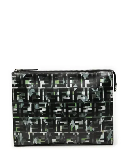 Pre-owned Fendi 2010-2026 Ff 1974 Nylon Camouflage Clutch Bag In Black