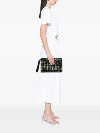 Pre-owned Fendi 2010-2026 Ff 1974 Nylon Camouflage Wristlet Pouch Clutch Bag In Black
