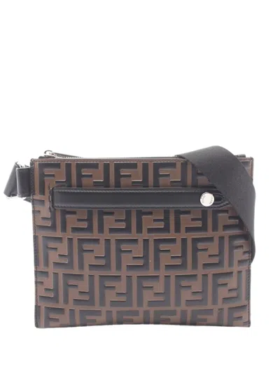 Pre-owned Fendi 2010-2026 Ff Embossed Leather 1974 Crossbody Bag In Brown