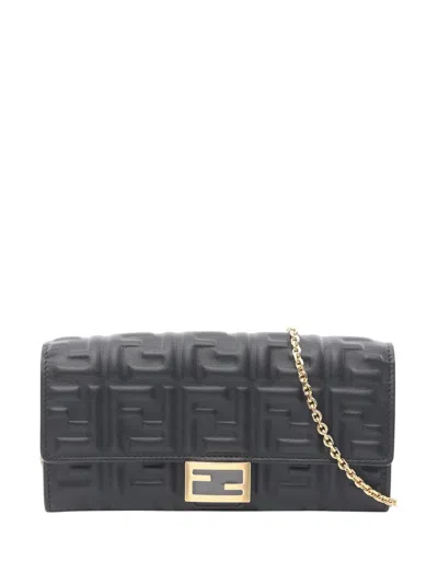 Pre-owned Fendi 2010-2026 Ff Embossed Wallet On Chain Crossbody Bag In Black