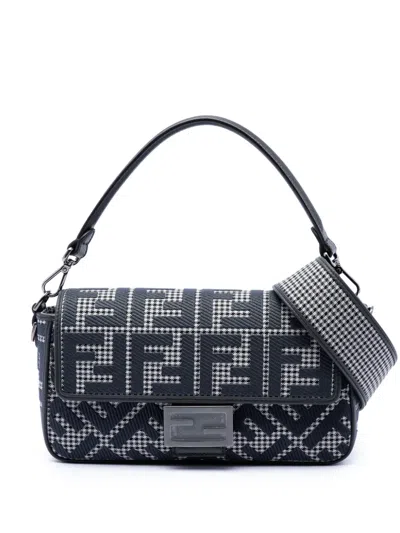 Pre-owned Fendi 2010-2026 Ff Embroidered Wool Houndstooth Baguette Satchel In Grey