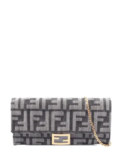 Pre-owned Fendi 2010-2026 Ff Jacquard Denim Wallet On Chain Crossbody Bag In Blue