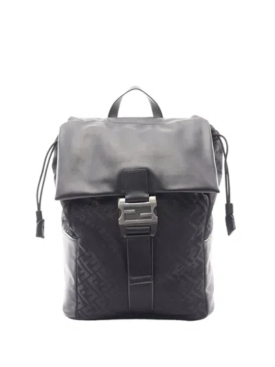 Pre-owned Fendi 2010-2026 Ff Nylon And Leather Backpack In Black
