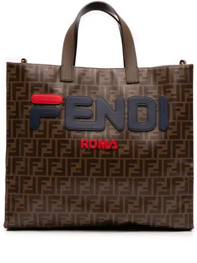 Pre-owned Fendi 2010-2026 Fila Glazed Fabric Ff 1974 Mania Shopping Tote Satchel In Brown
