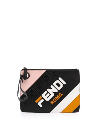 Pre-owned Fendi 2010-2026 Fila Mania Multicolor Zucca Embossed Leather Clutch Bag In Black