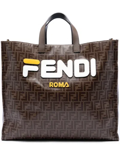 Pre-owned Fendi 2010-2026 Fila Zucca Coated Canvas Logo Mania Shopper Tote Satchel In Brown