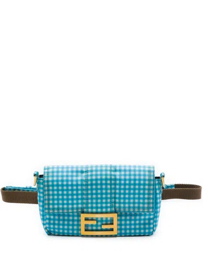 Pre-owned Fendi 2010-2026 Joshua Vides Mini Nylon Gingham Convertible Baguette Satchel In Blue